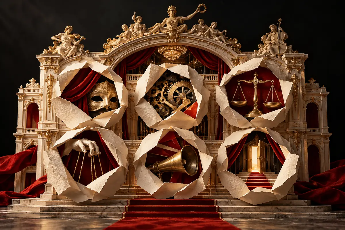 Six torn-paper windows before a grand Viennese theatre reveal a mask, gears, scales, puppet strings, a telescope and books.