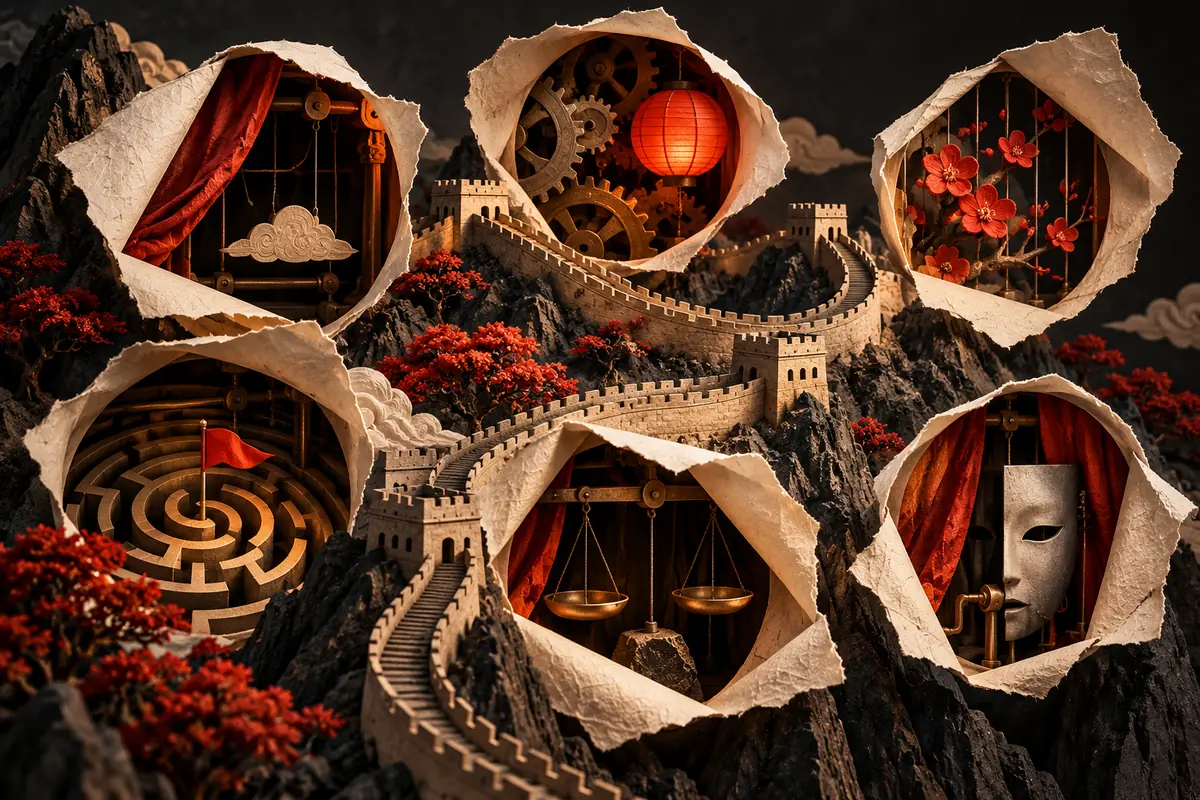 Six paper openings reveal proposal details around a winding Chinese wall.