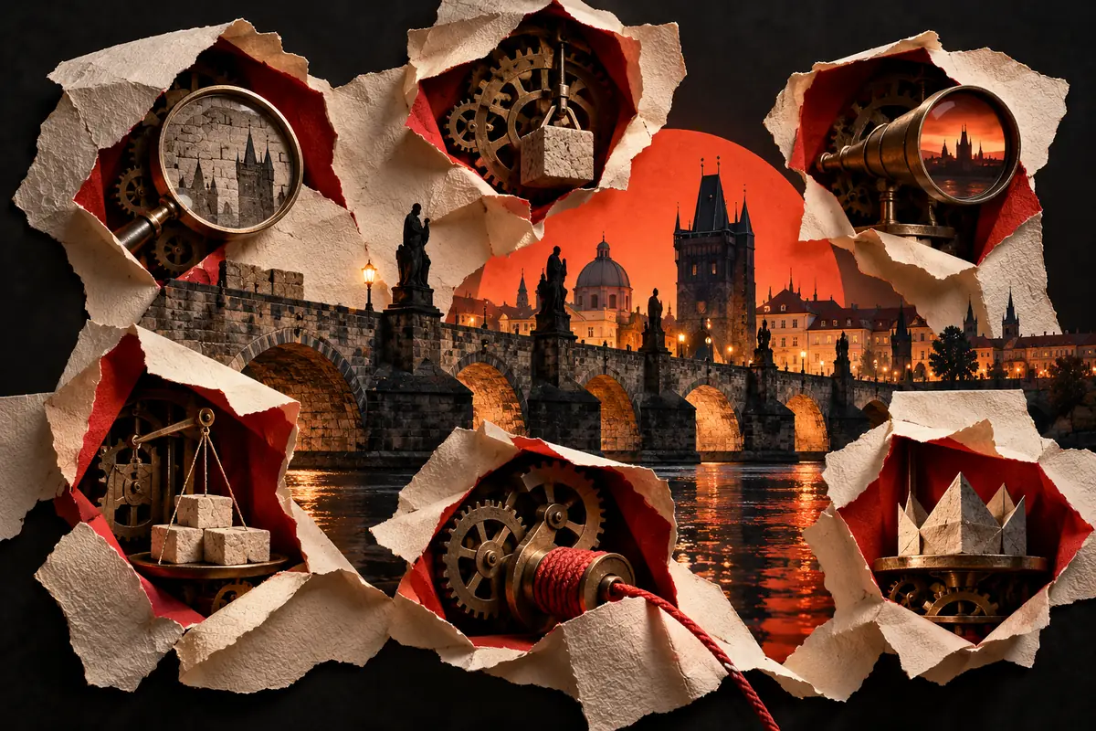 Six torn-paper windows around a Prague bridge reveal a clock, gears, a telescope, scales, a thread spool and folded paper.