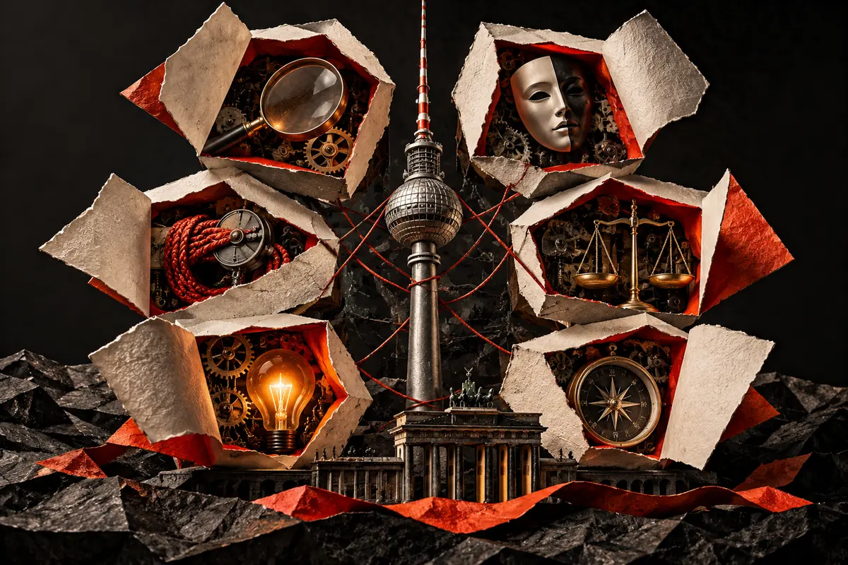 Six paper openings reveal review symbols around a Berlin tower for German ASO agency questions.