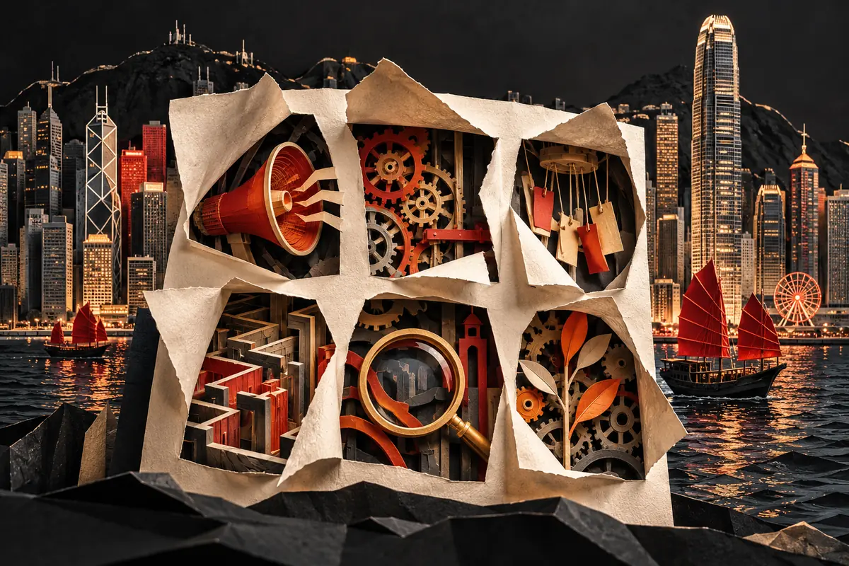 A folded six-panel proposal reveals working parts beside Hong Kong harbour.
