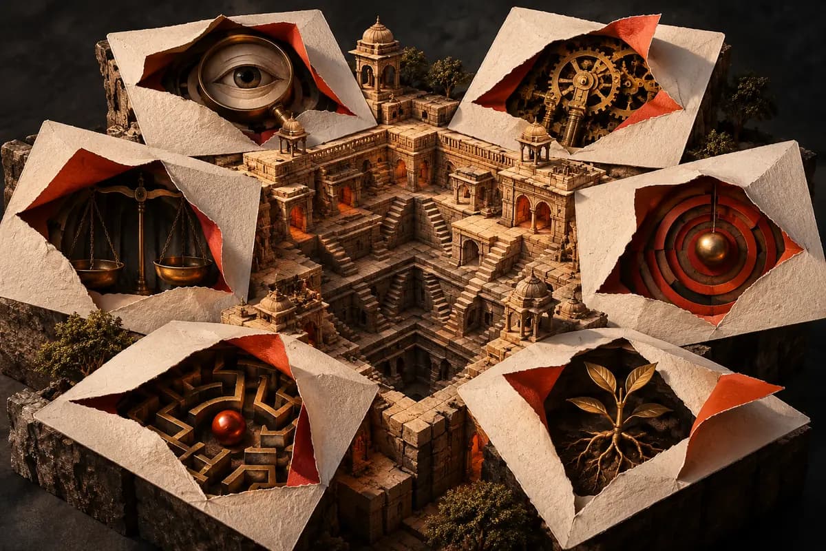 Six paper apertures reveal working parts around an Indian stepwell, illustrating questions to ask an ASO agency.