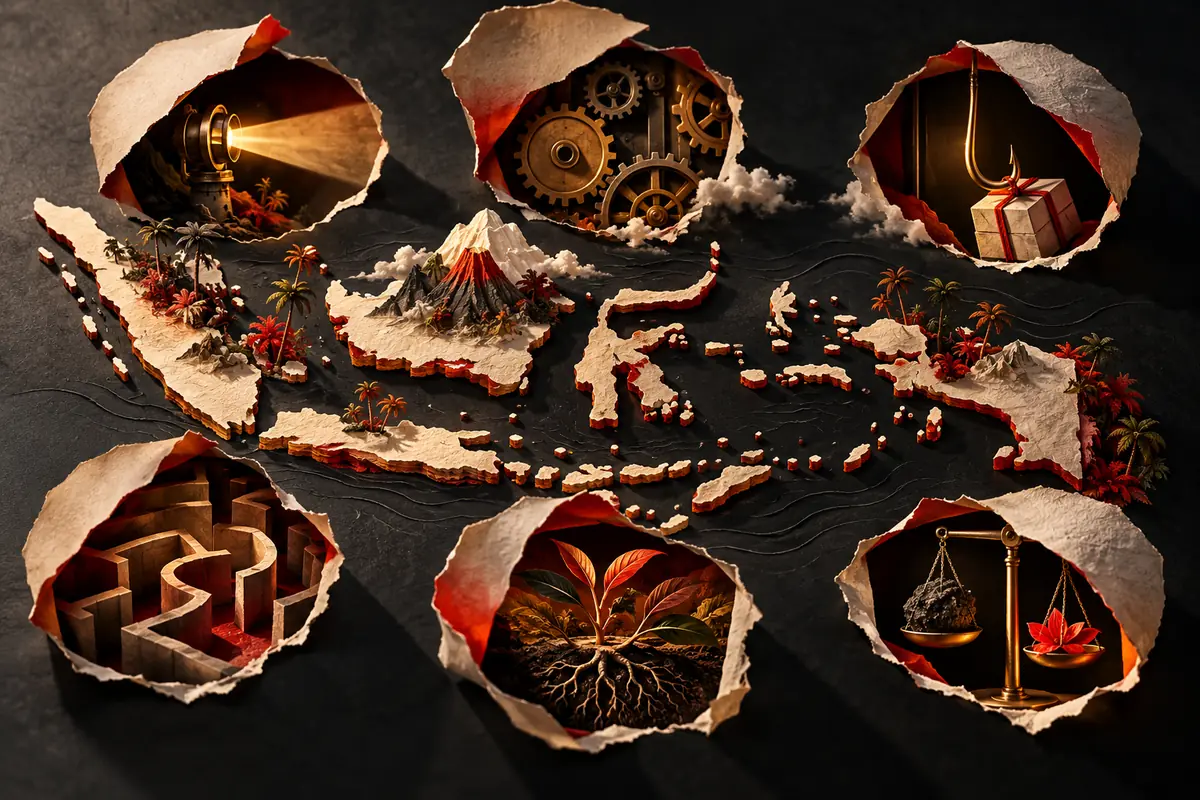 Six cut-paper openings surround a sculptural Indonesian archipelago.