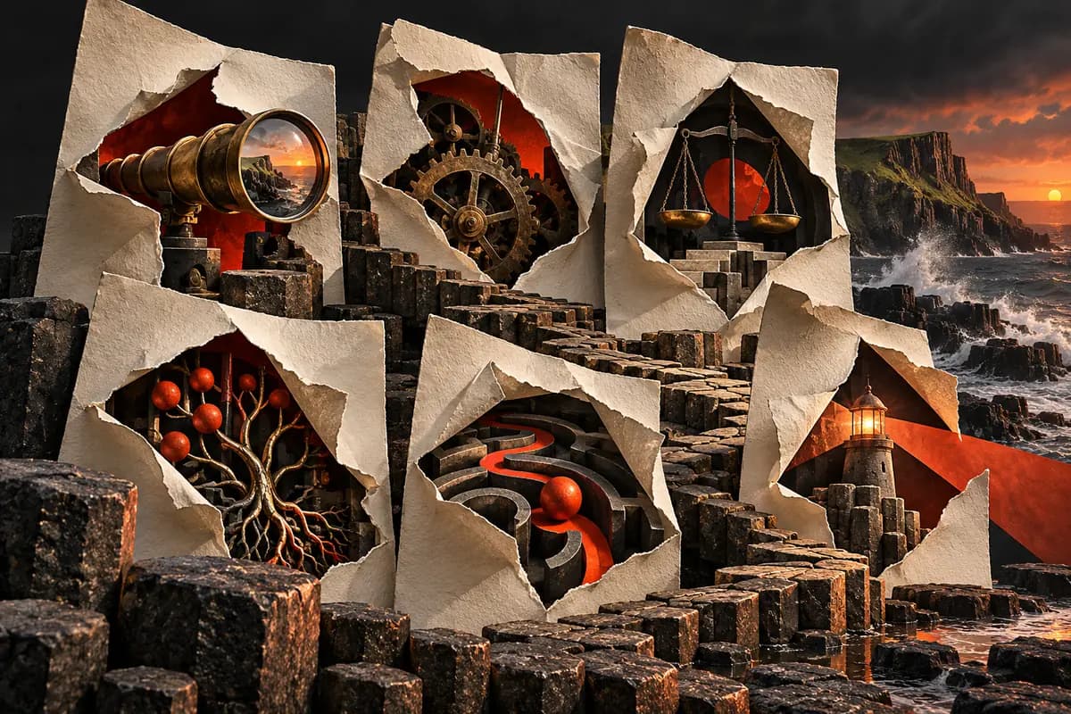 Six paper windows among Irish coastal cliffs reveal a telescope, gears, scales, roots, pipes and a lighthouse.