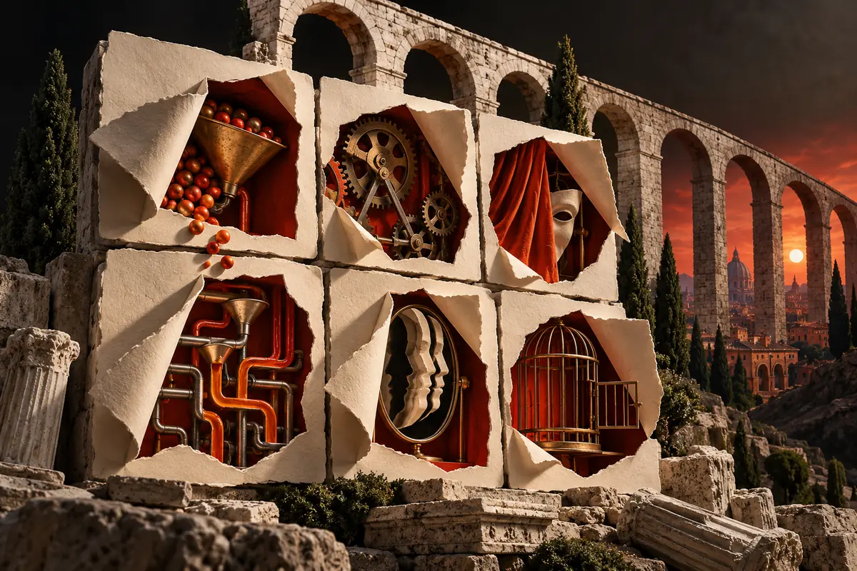 Six cut-paper windows reveal working parts beneath a Roman aqueduct.