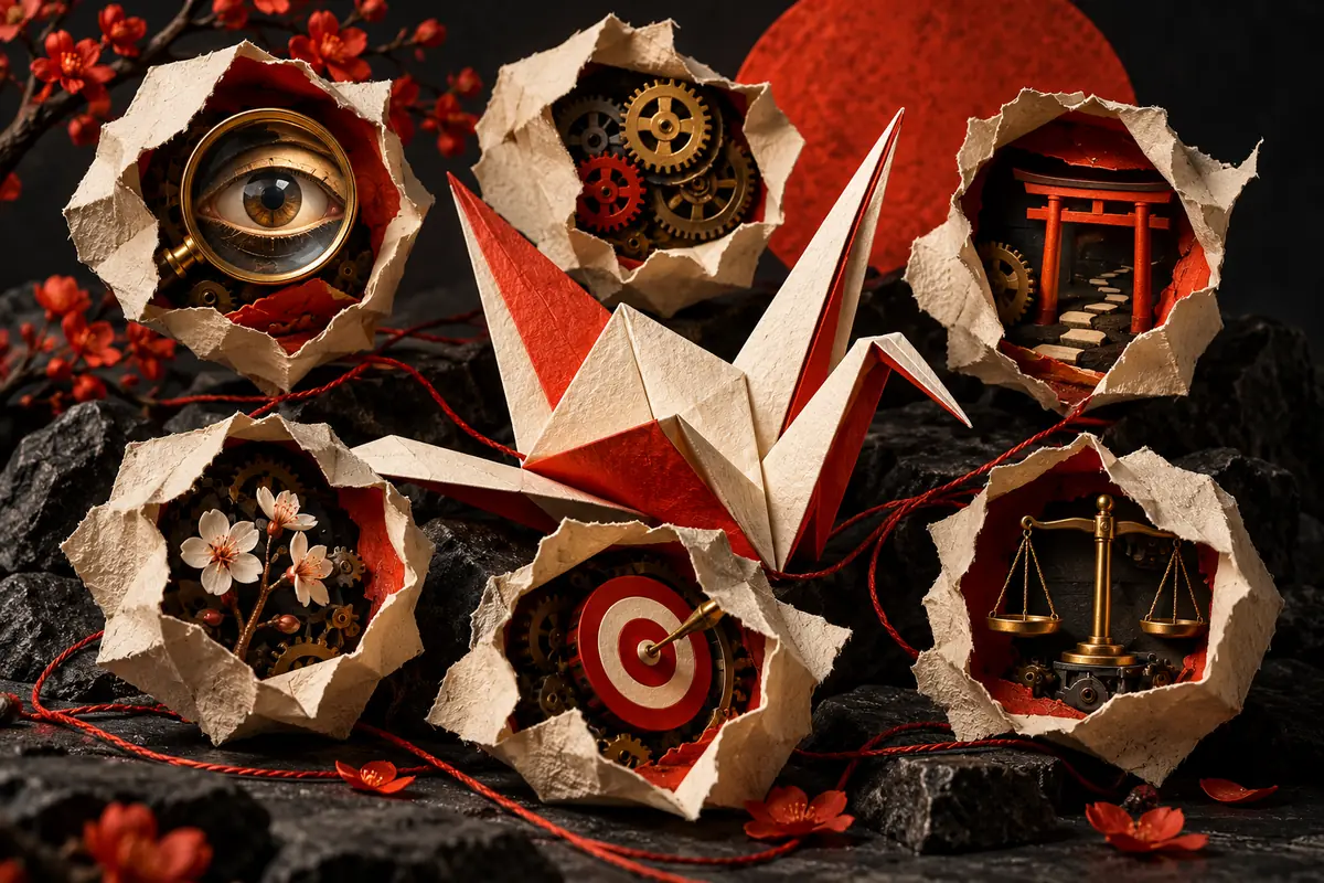An origami crane is surrounded by six opened proposal questions.