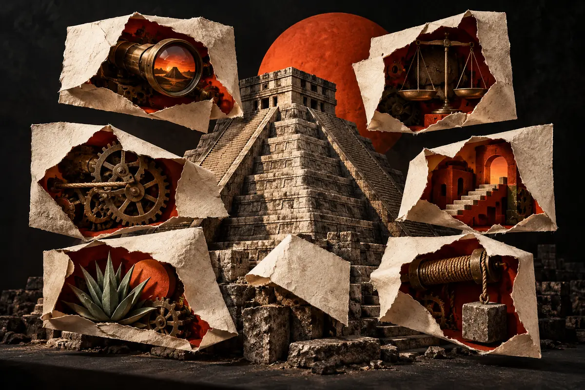 A stepped stone pyramid is framed by six opened proposal panels.