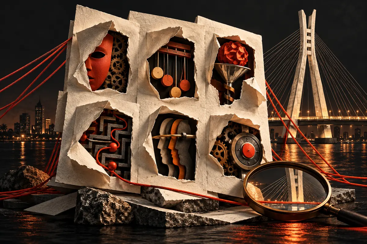 Six paper windows beside a cable-stayed bridge reveal a mask, medals, gears and pipes, with a magnifying glass in front.