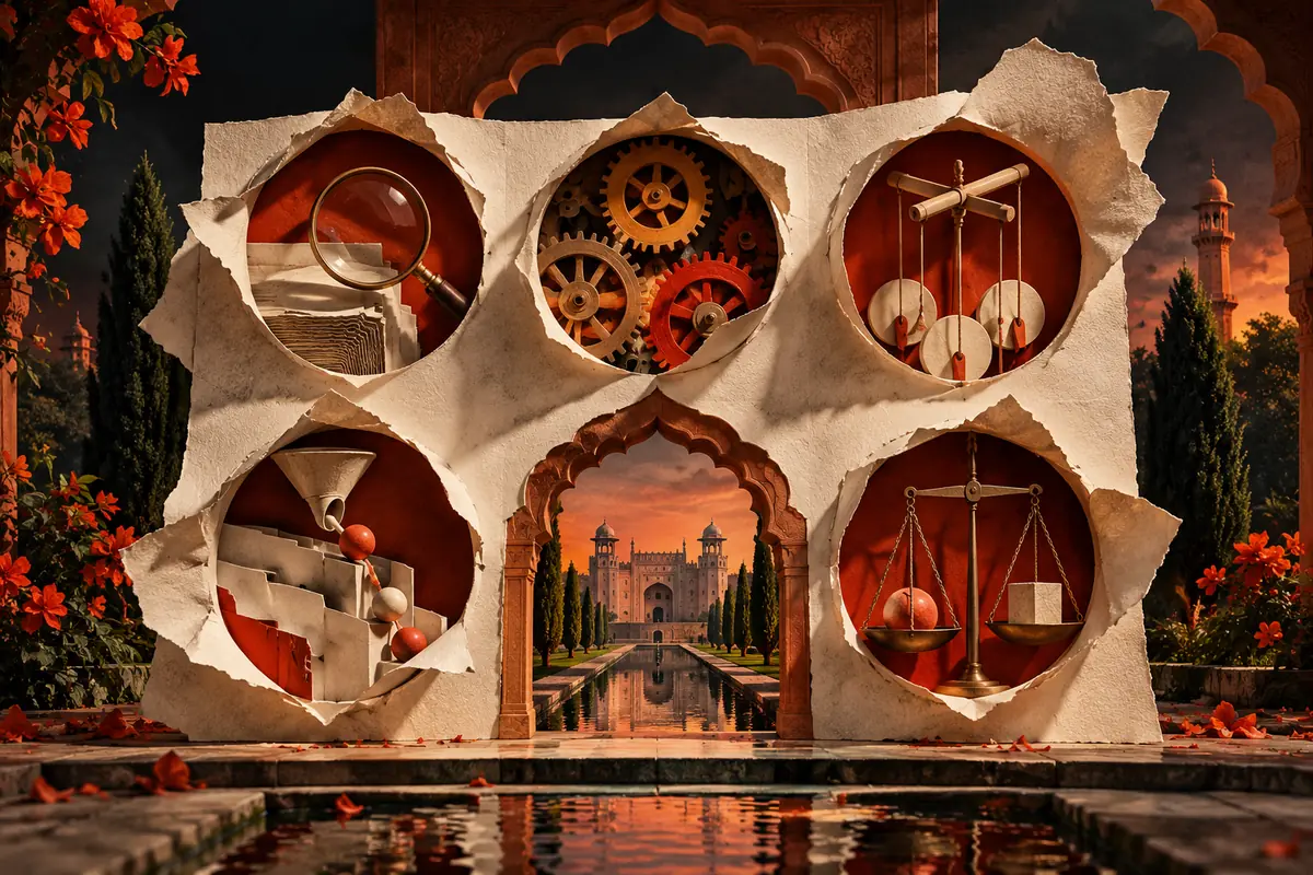 Six torn-paper windows frame an ornate Pakistani gateway, with a lens, gears, puppet strings and scales.