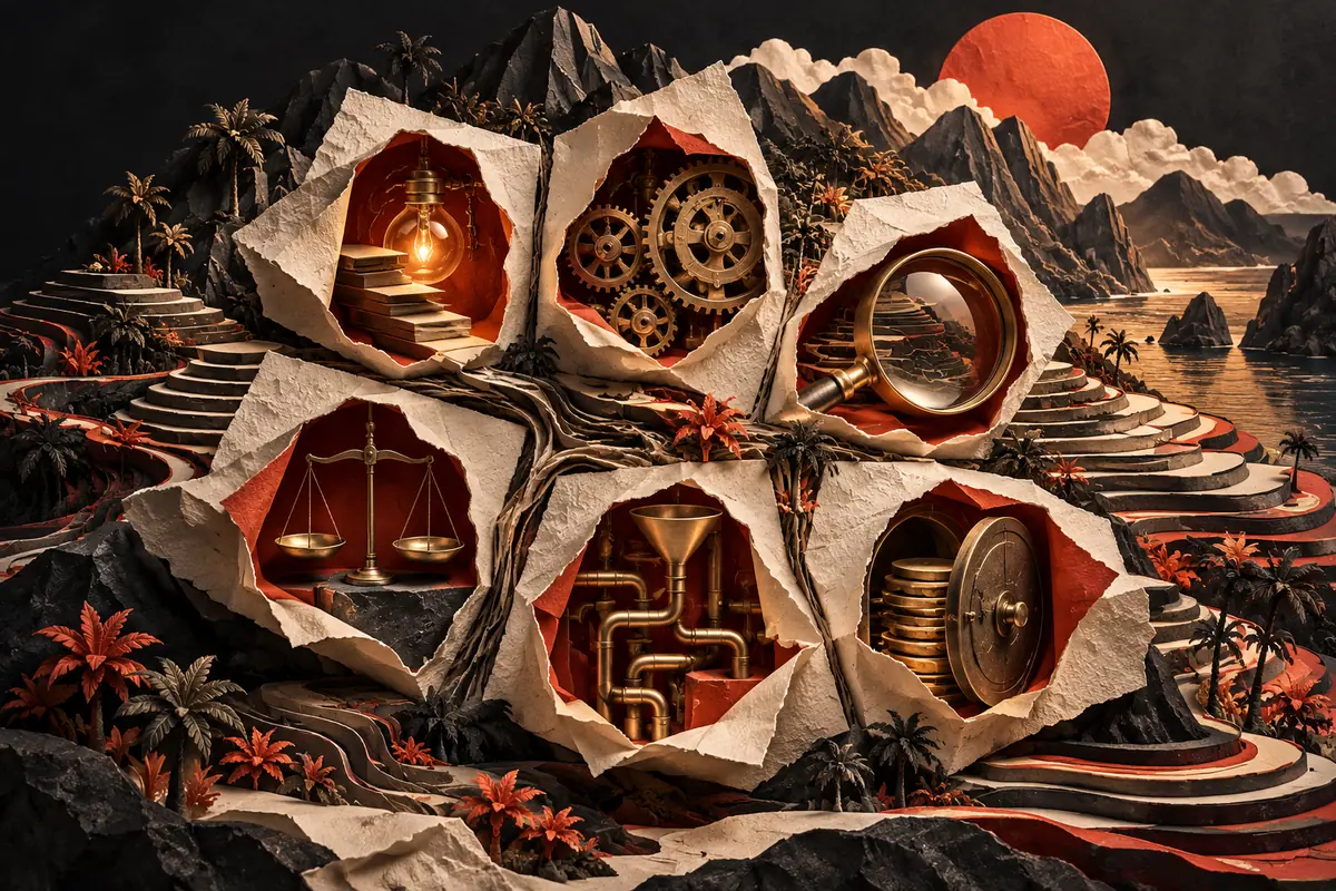 Six paper windows set among island mountains and rice terraces reveal a lantern, gears, a lens, scales and pipes.