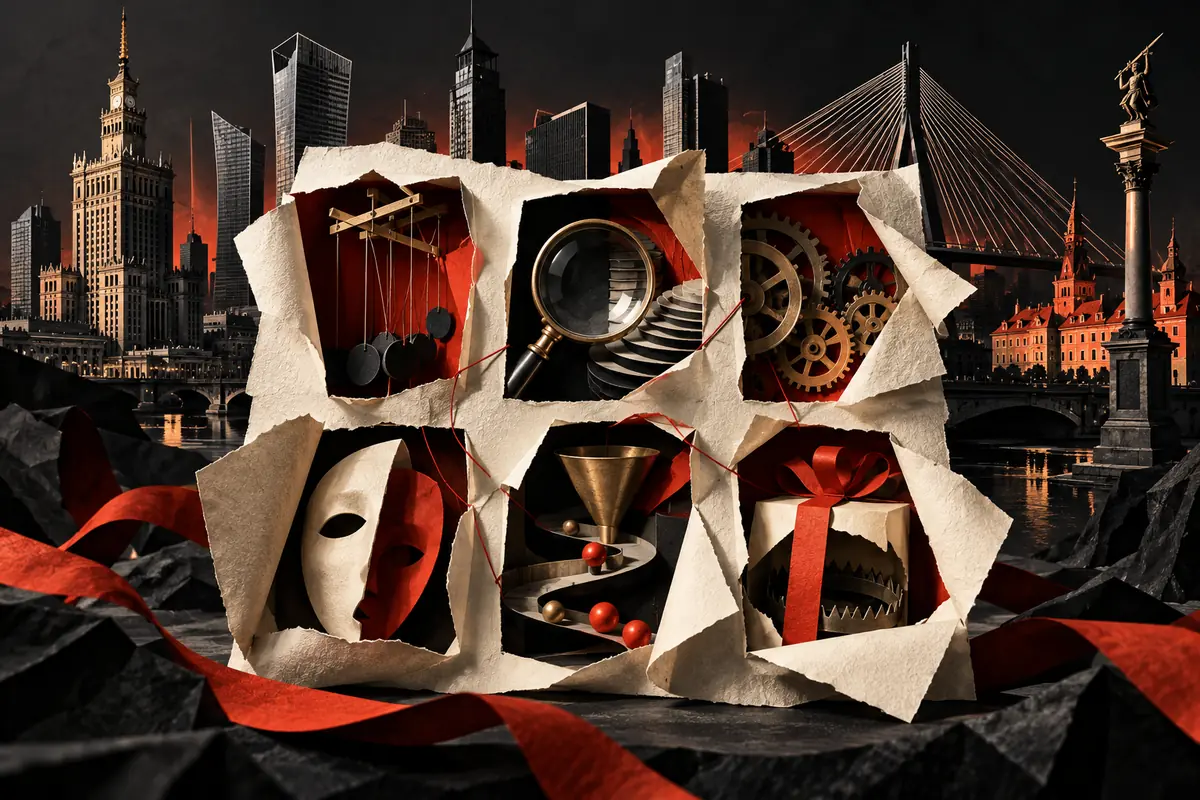 Six paper panels expose proposal details against a Warsaw skyline.