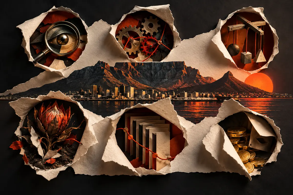 Six paper windows around Table Mountain reveal a lens, tangled gears, scales, a flame and stacked books.