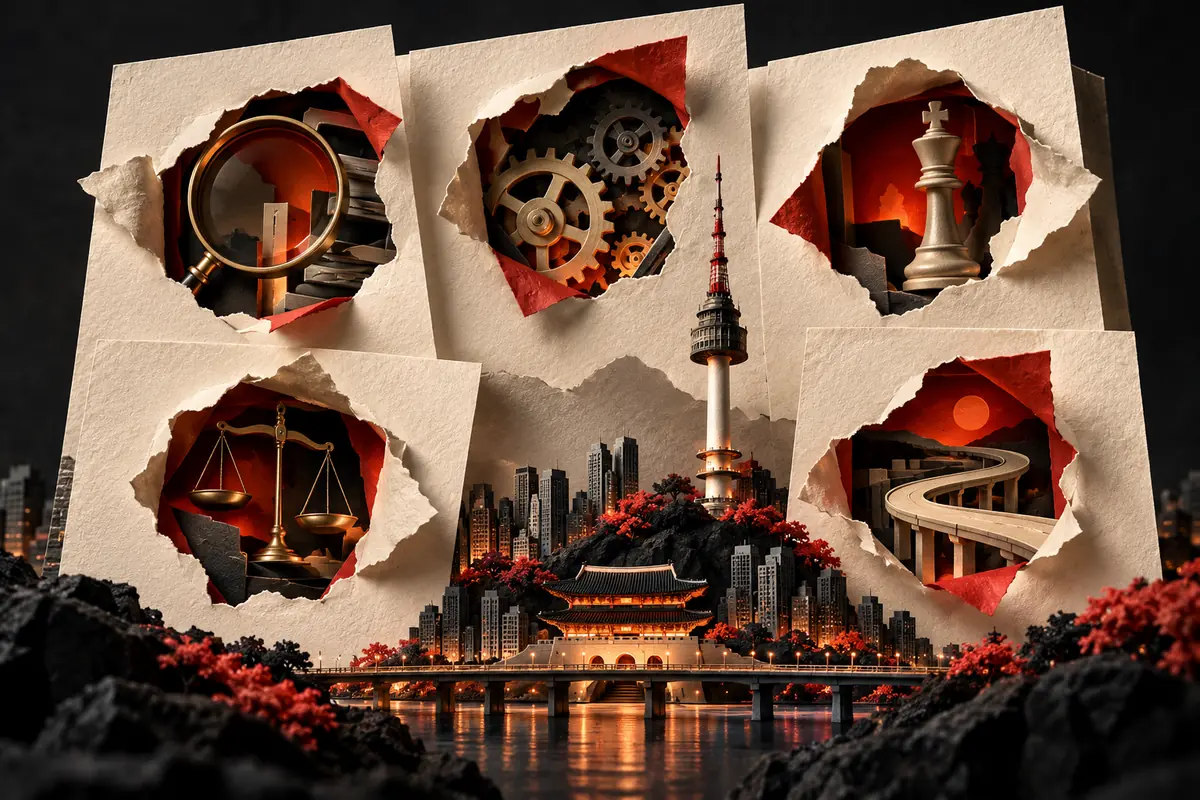 Six paper apertures reveal working parts above a Seoul tower.