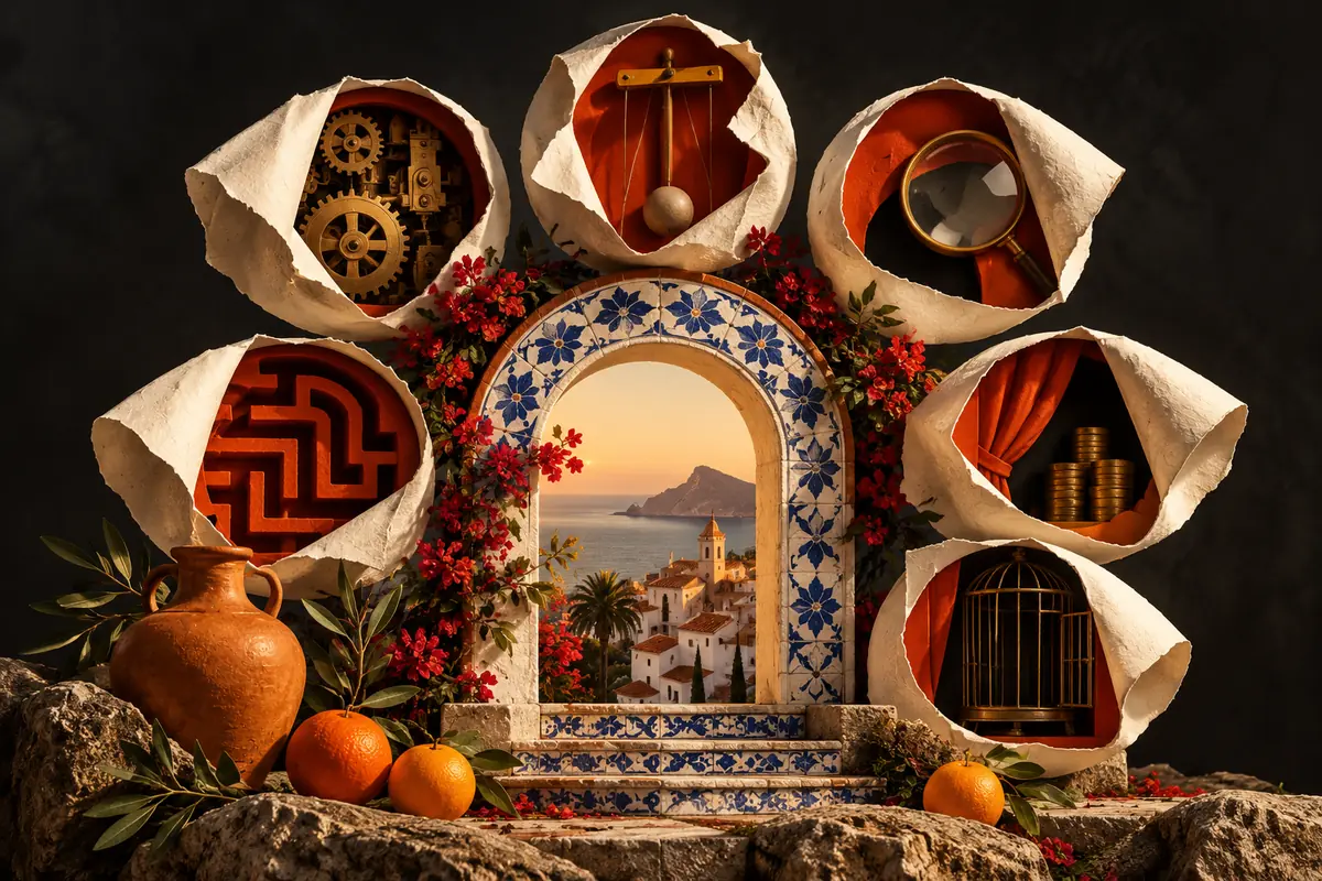 A tiled Spanish arch is surrounded by six opened proposal panels.