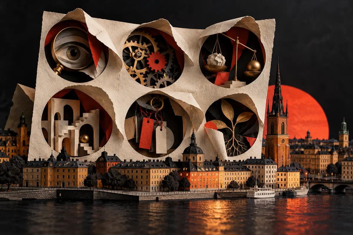 Six paper windows above a Swedish waterfront reveal an eye, gears, scales, arches, a price tag and a flower.
