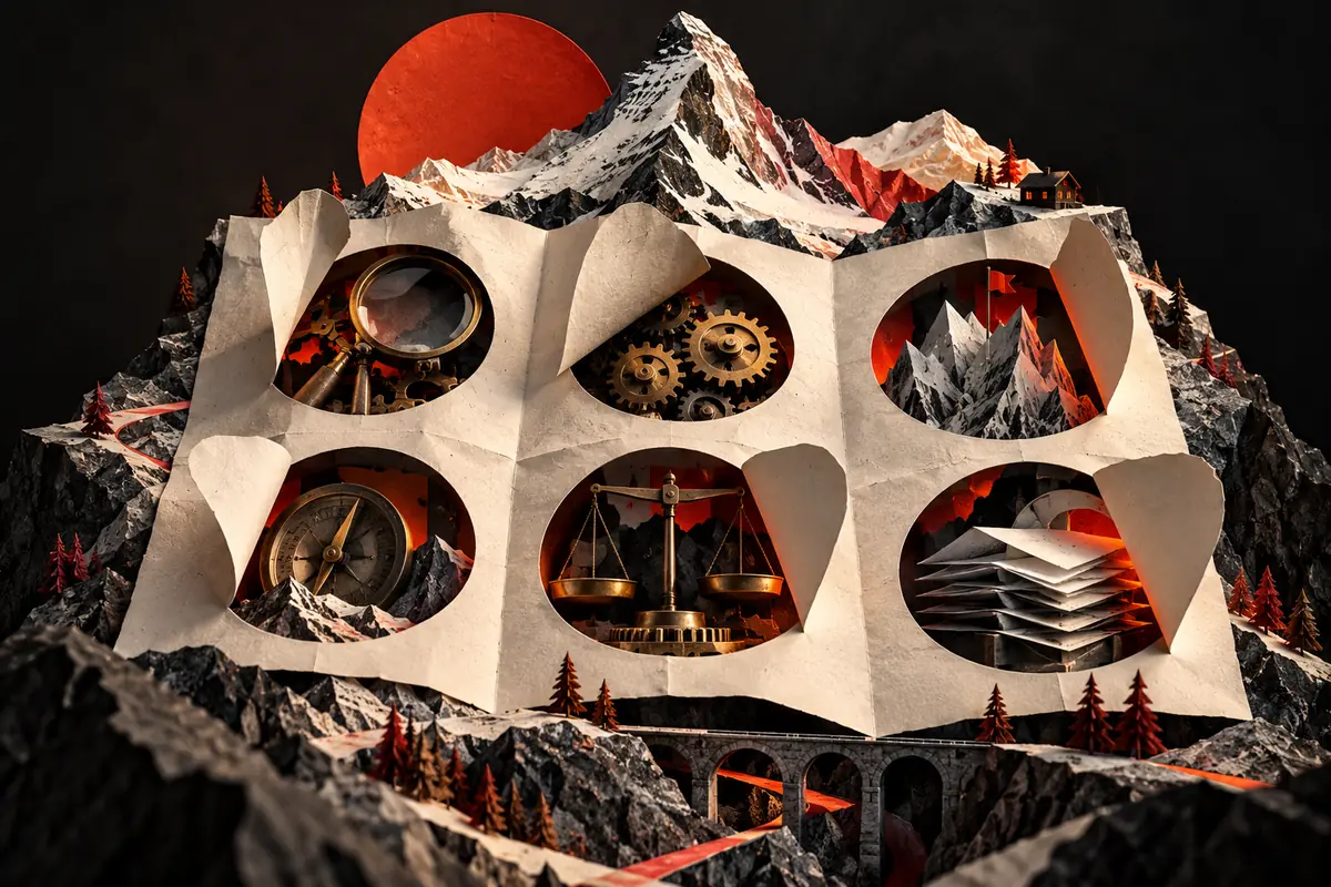 Six paper windows below an Alpine peak reveal a lens, gears, mountain shapes, a clock, scales and stacked pages.