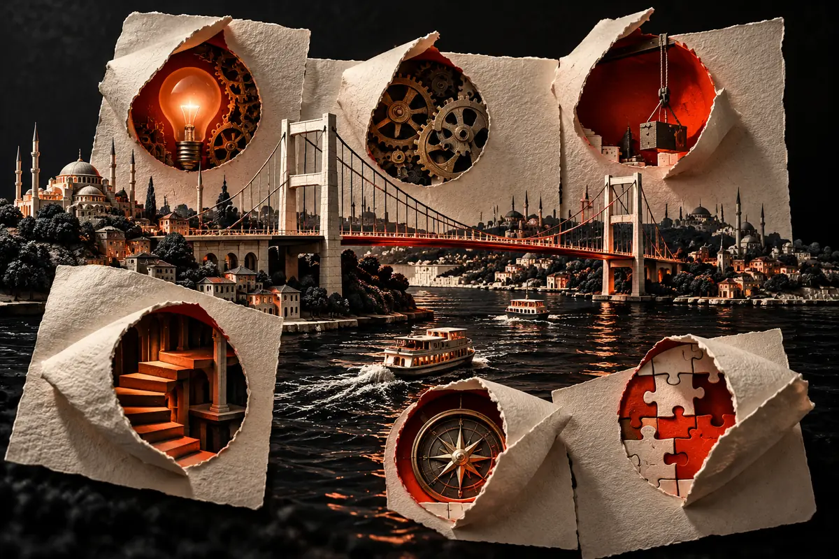 Six paper apertures reveal inspection mechanisms beside a Bosphorus bridge.