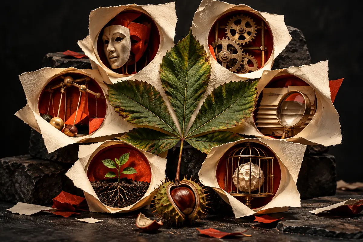 A chestnut leaf is surrounded by six opened paper questions for a Ukrainian ASO proposal.