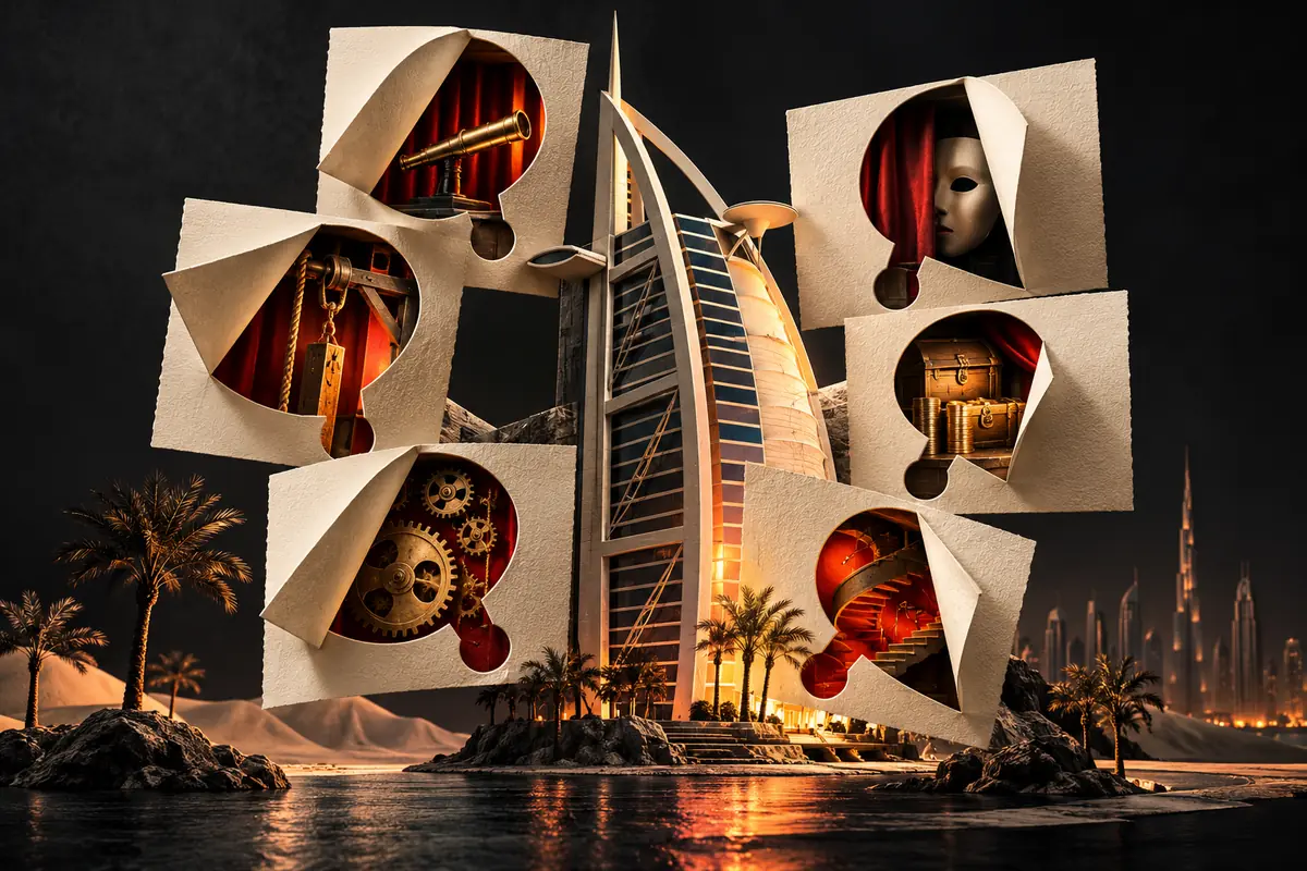 Six folded-paper windows beside a sail-shaped Dubai tower reveal books, gears, a mask, a lens and a light bulb.