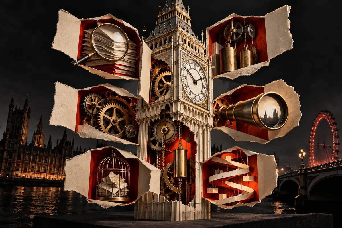 A London clock tower is surrounded by opened paper panels for UK ASO agency questions.