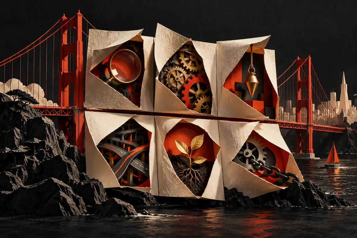 Six paper windows reveal working parts beside a suspension bridge for US ASO agency questions.