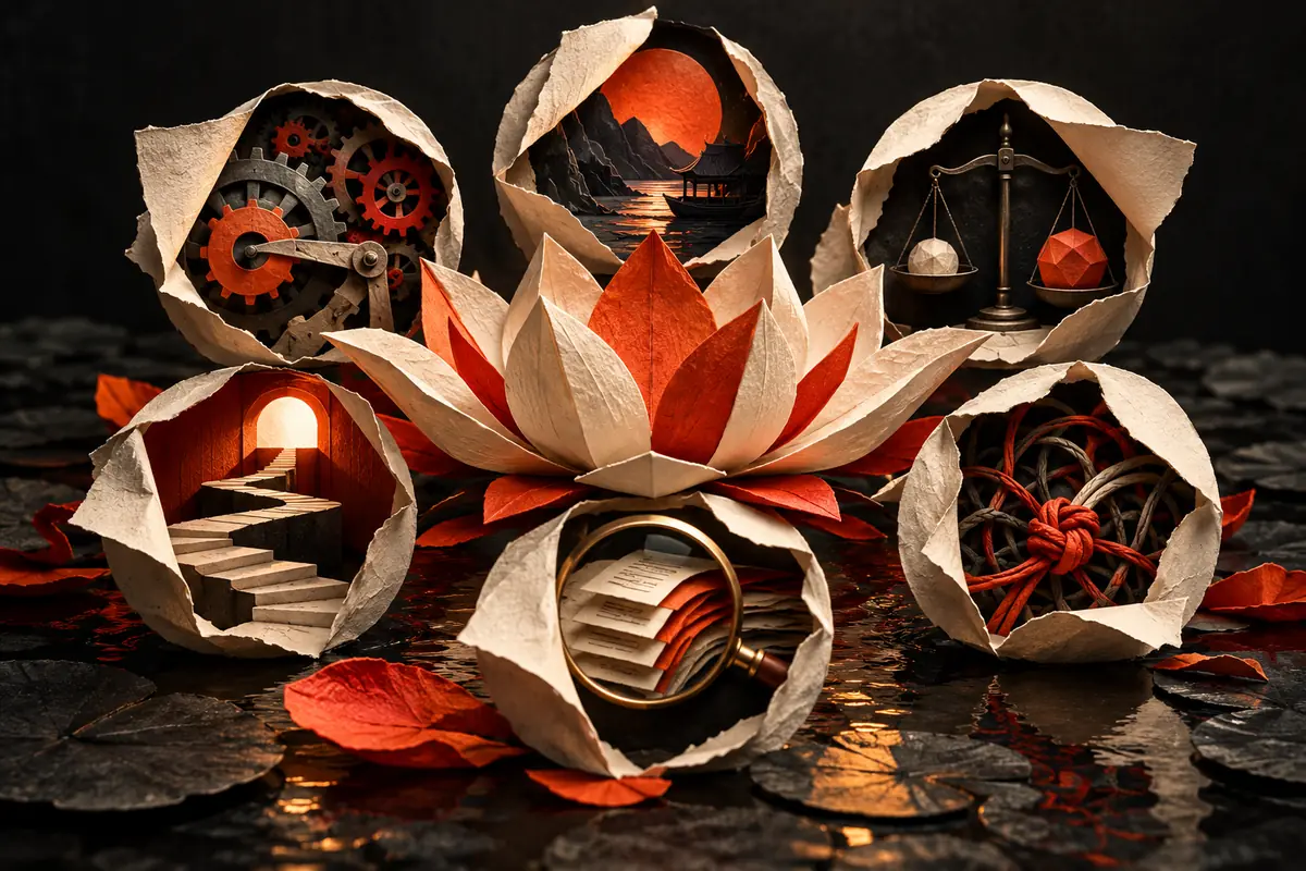 Six torn-paper windows around an ivory and red lotus reveal gears, scales, books and tangled threads.