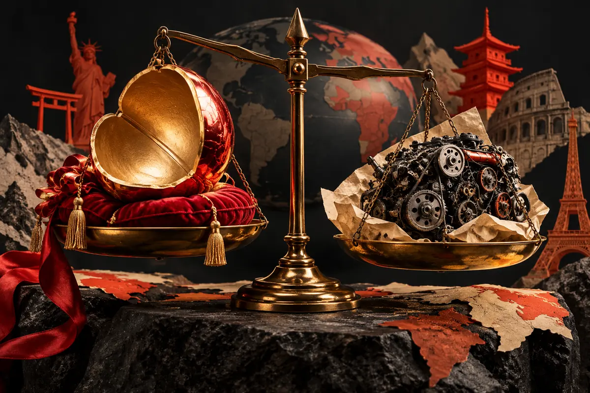 A brass balance compares an empty golden shell with a working mechanism against international landmarks, introducing ASO agency hiring questions.