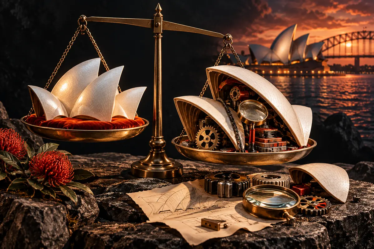 Sydney sail-shaped shells balance polished presentation against exposed working parts on a brass scale. Conceptual artwork for choosing an ASO agency in australia.