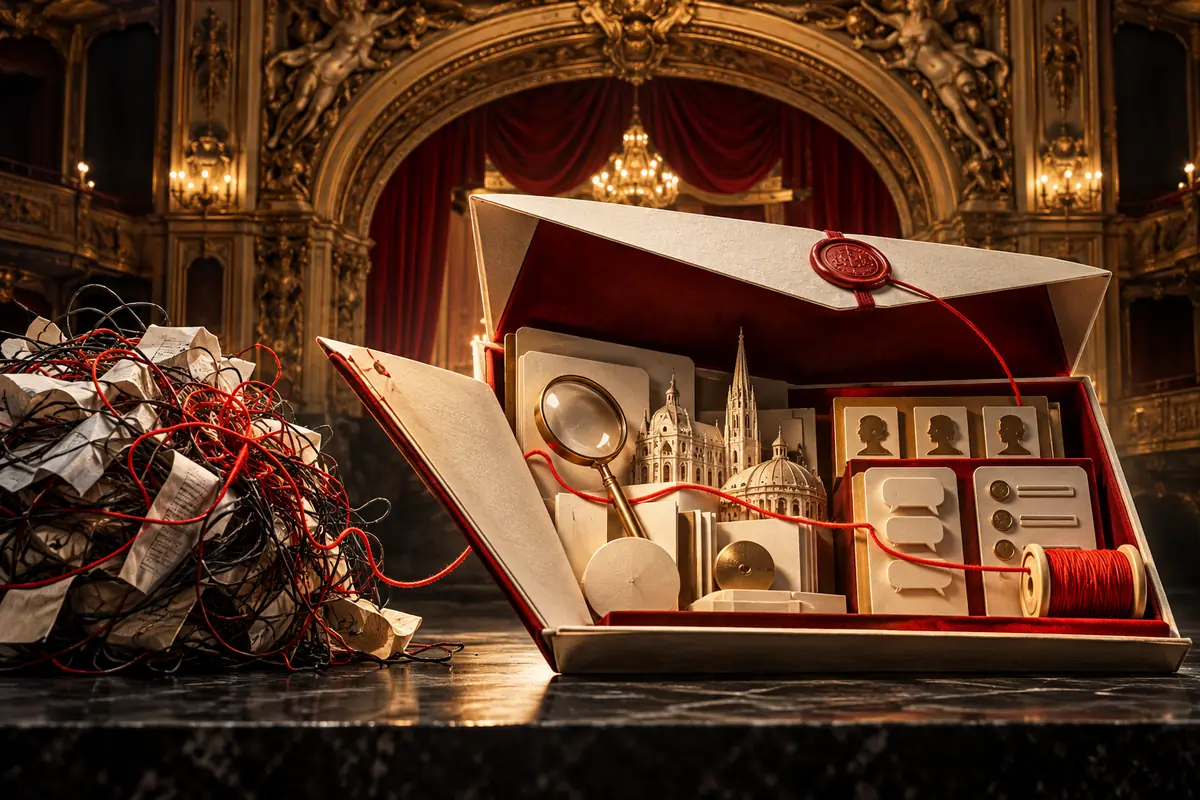 A tangled red thread becomes an organized proposal kit beneath a Viennese concert-hall arch. Conceptual Austrian ASO agency evaluation artwork.