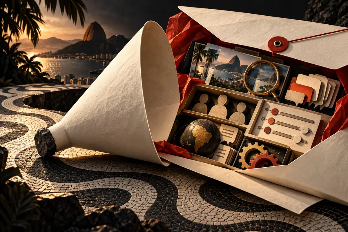 A paper proposal opens to reveal audience and delivery materials on a Rio mosaic promenade. Conceptual artwork for choosing an ASO agency in brazil.