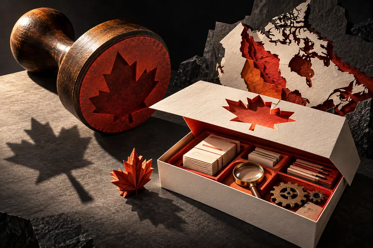 A maple-leaf stamp, Canada map and review toolkit form a Canadian agency due-diligence scene. Conceptual artwork for the canada ASO guide.