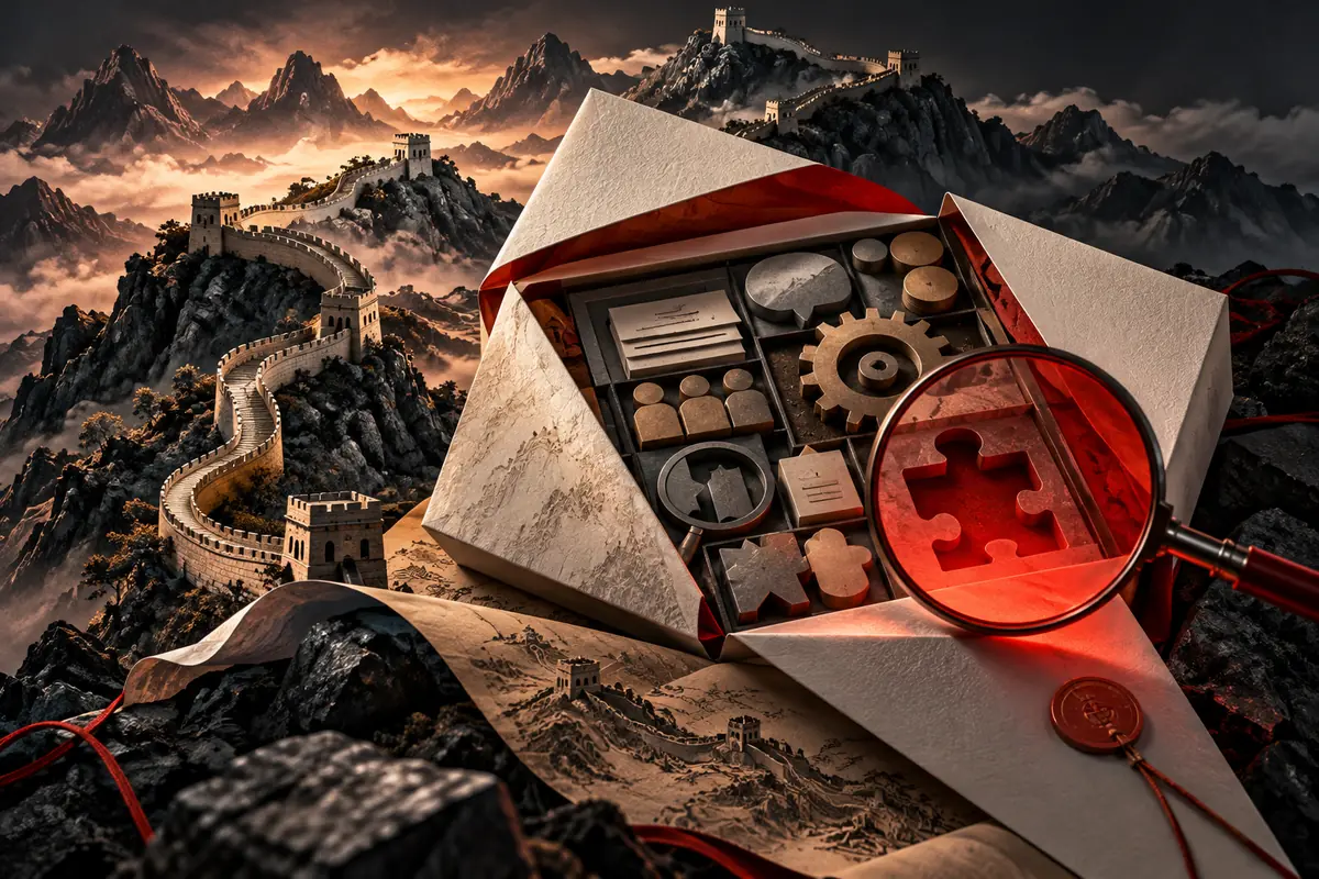 An opened proposal and inspection lens sit beside a winding wall across mountain ridges. Conceptual artwork for choosing an ASO agency in china.