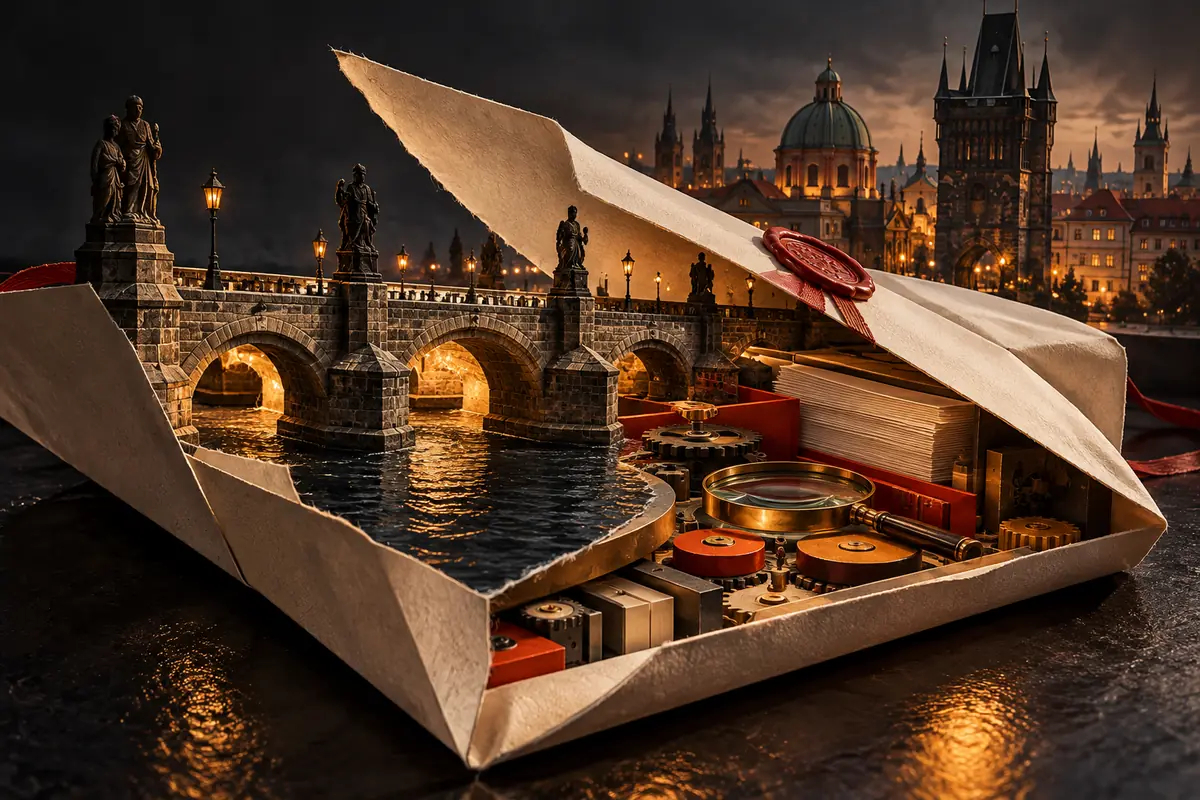 A Prague stone bridge rises from an opened proposal containing inspection and delivery materials. Conceptual Czech ASO agency evaluation artwork.