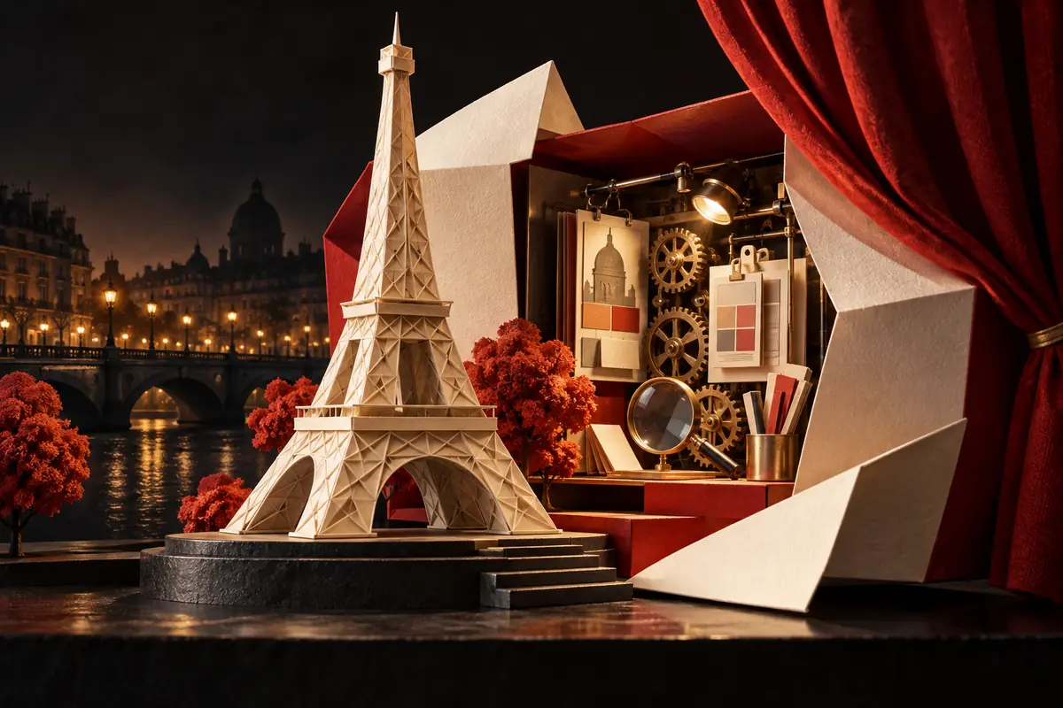 A sculptural Eiffel tower stands beside an opened proposal and red theatre curtain. Conceptual artwork for choosing an ASO agency in france.