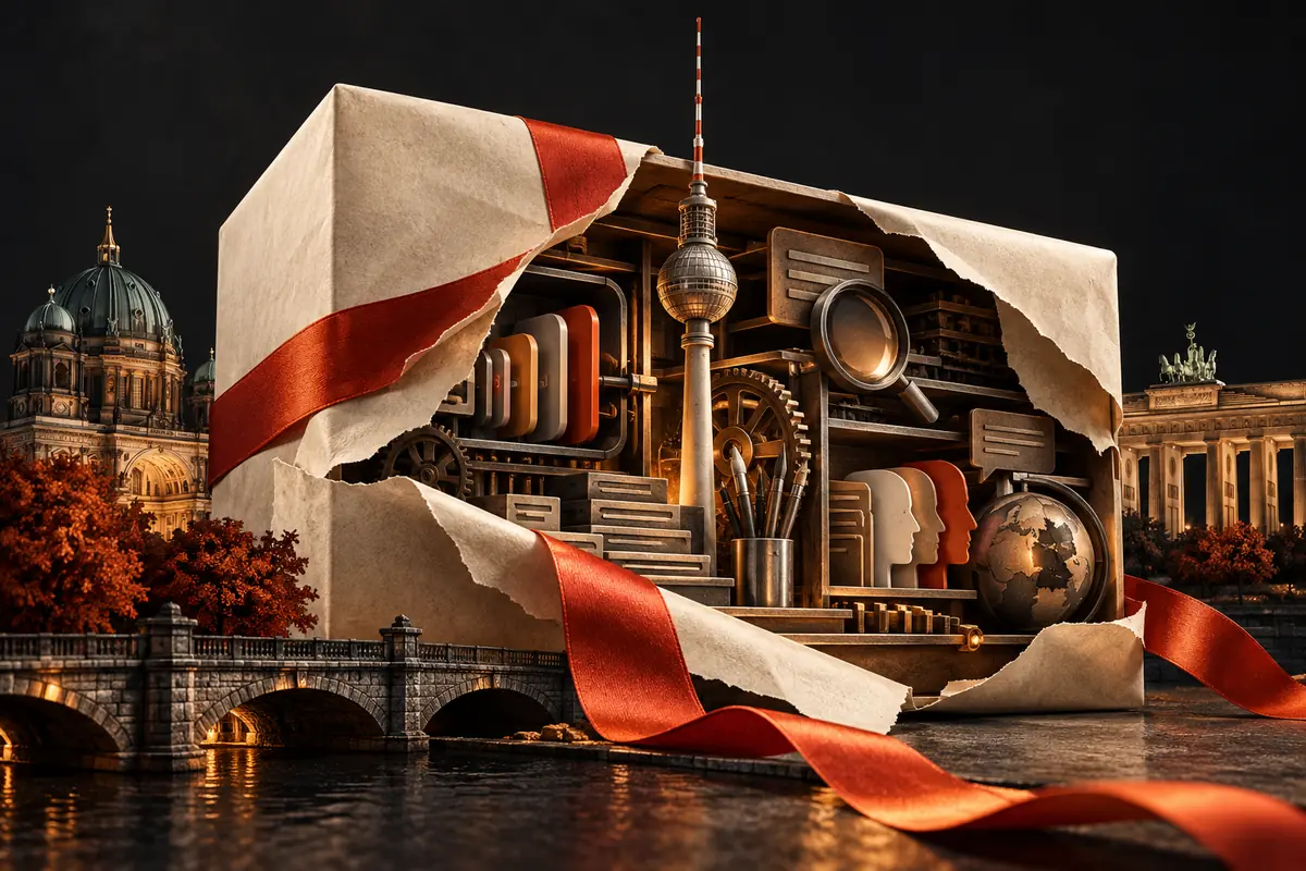 A wrapped proposal opens into research and creative compartments around a Berlin tower. Conceptual artwork for choosing an ASO agency in germany.