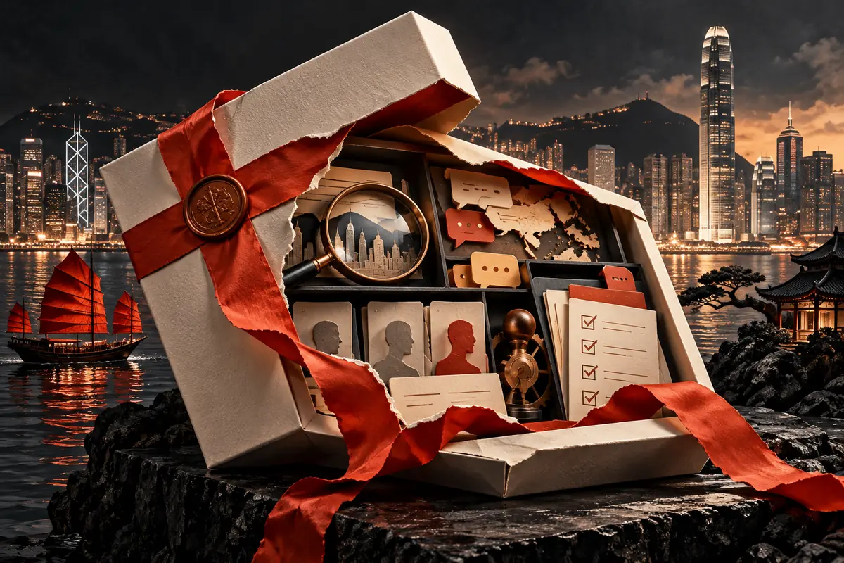 A torn proposal reveals app, audience and checklist compartments beside a harbour skyline. Conceptual artwork for choosing an ASO agency in hong kong.