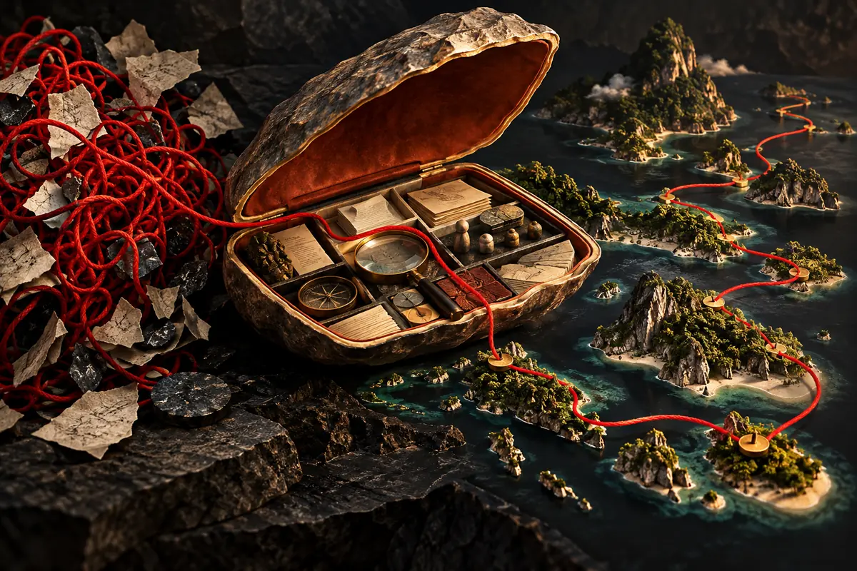 A red thread separates tangled materials from an opened review kit above sculptural islands. Conceptual artwork for choosing an ASO agency in indonesia.