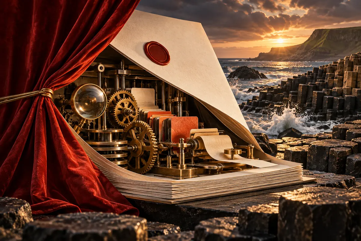 A red curtain reveals the working parts behind a paper proposal beside coastal basalt columns. Conceptual Irish ASO agency evaluation artwork.