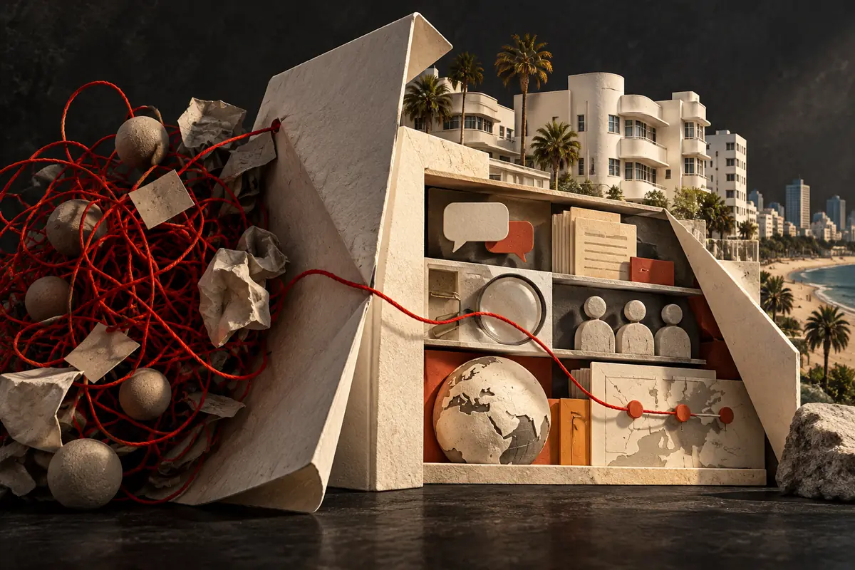 A tangled red thread resolves into a clear proposal beside white coastal architecture. Conceptual artwork for choosing an ASO agency in israel.