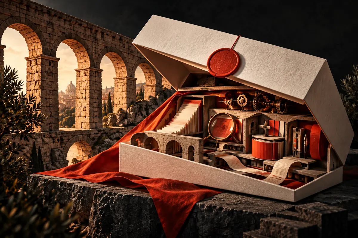 A Roman aqueduct frames an opened proposal containing documents and working parts. Conceptual artwork for choosing an ASO agency in italy.