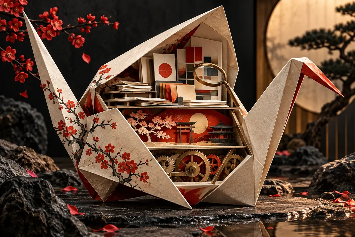 An origami crane opens into organized proposal and review compartments. Conceptual artwork for choosing an ASO agency in japan.