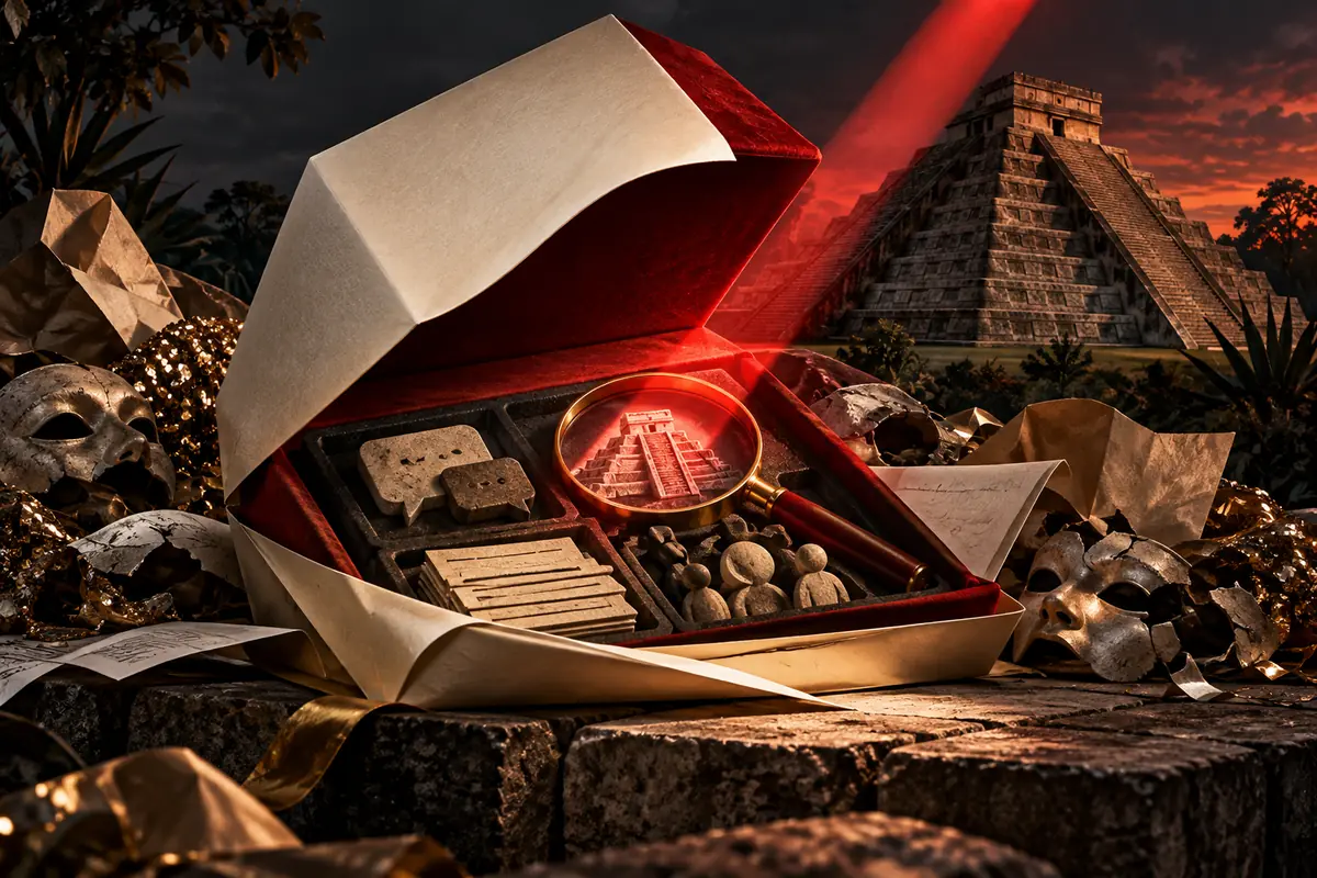 A red spotlight highlights a specific clue in a proposal beside a stepped stone pyramid. Conceptual artwork for choosing an ASO agency in mexico.