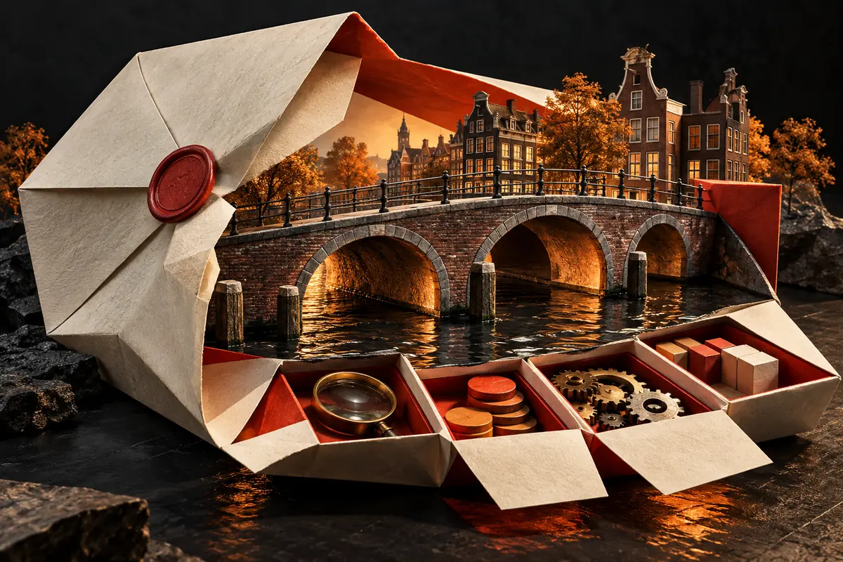 A canal bridge rises from a proposal envelope with separate review compartments. Conceptual artwork for choosing an ASO agency in netherlands.