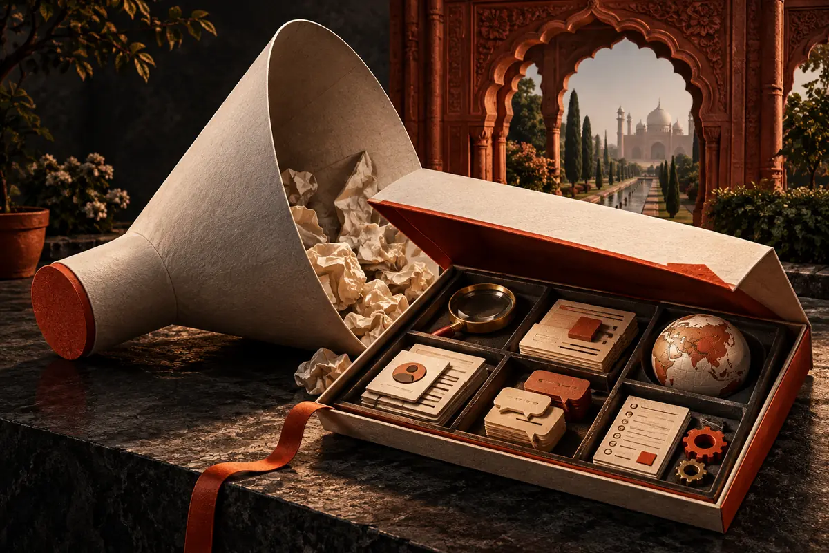 An opened review kit and blocked megaphone sit beneath a Lahore-style garden arch. Conceptual artwork for choosing an ASO agency in Pakistan.