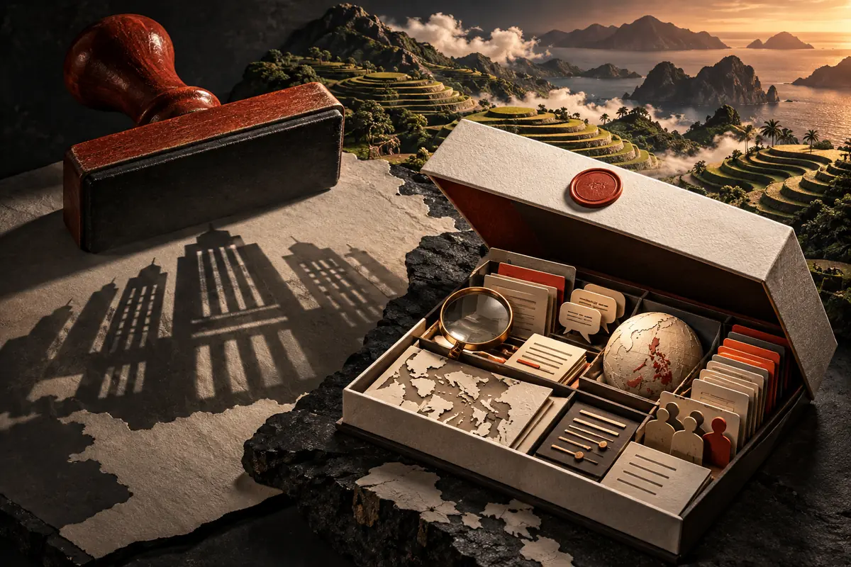 An opened review kit sits beside a large stamp and terraced mountain contours. Conceptual artwork for choosing an ASO agency in philippines.