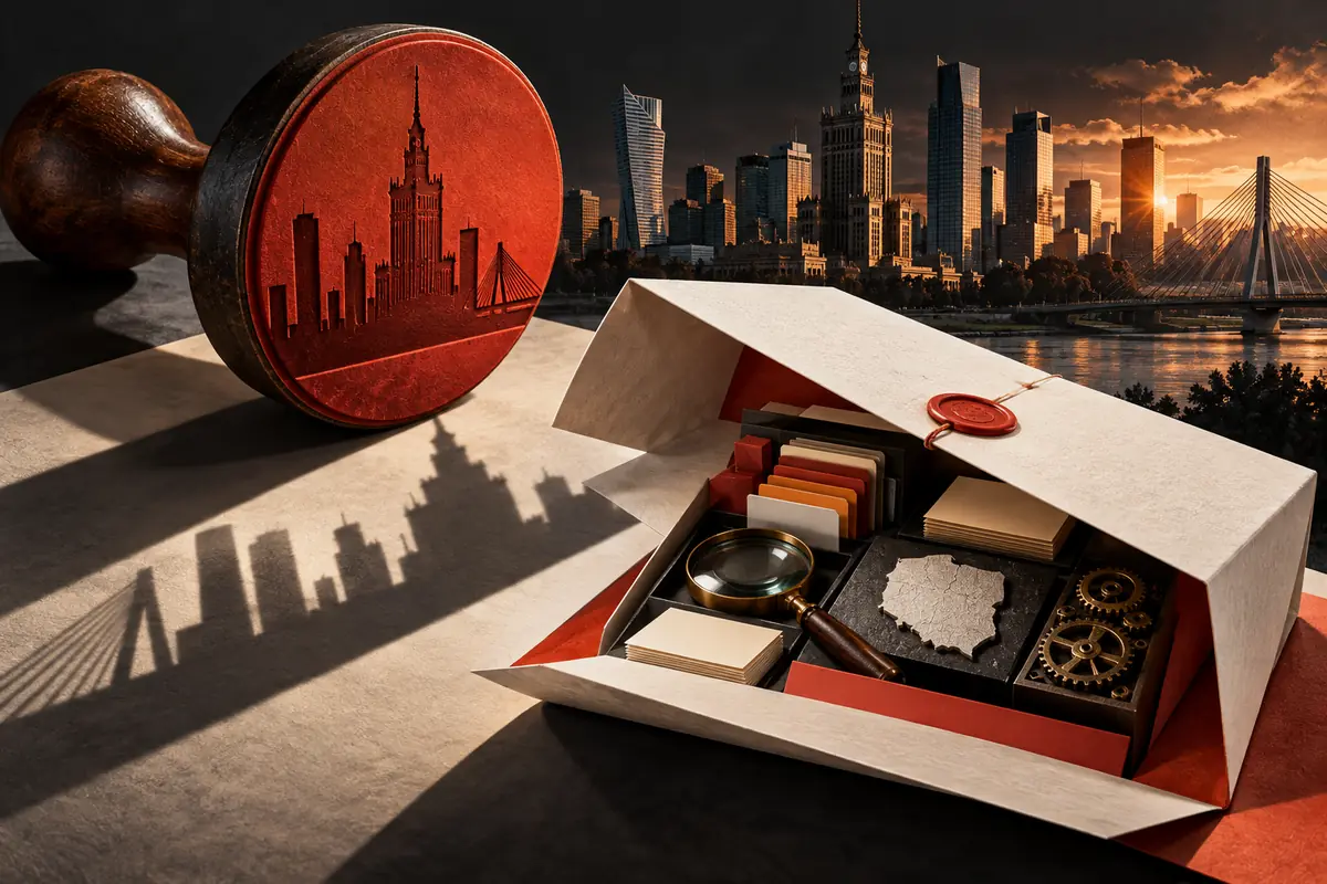 A Warsaw skyline stamp casts a shadow beside an opened proposal kit. Conceptual artwork for choosing an ASO agency in poland.