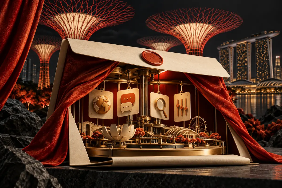 A proposal stage reveals its working parts below sculptural supertree canopies. Conceptual artwork for choosing an ASO agency in singapore.