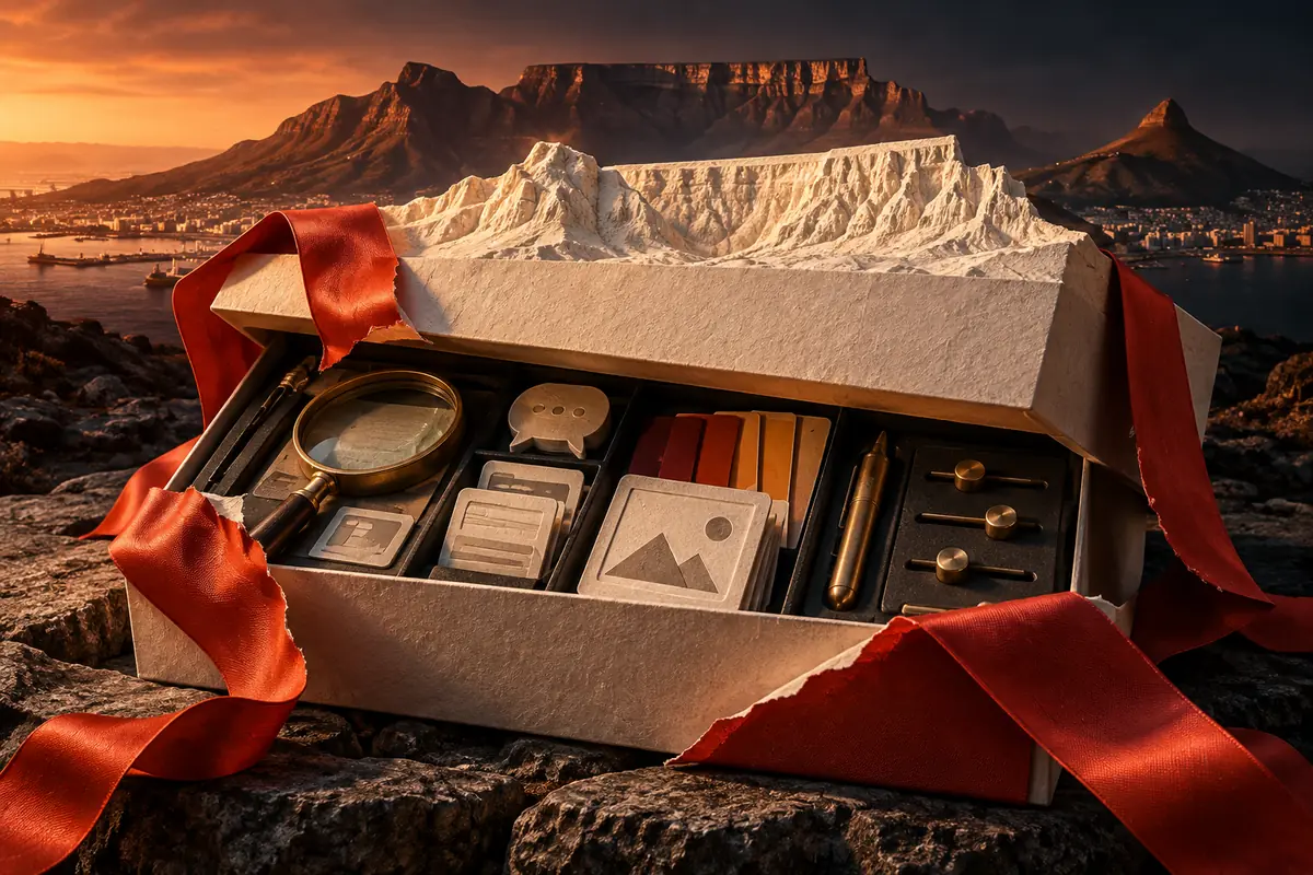A folded proposal reveals creative and inspection materials beneath Table Mountain. Conceptual South African ASO agency evaluation artwork.