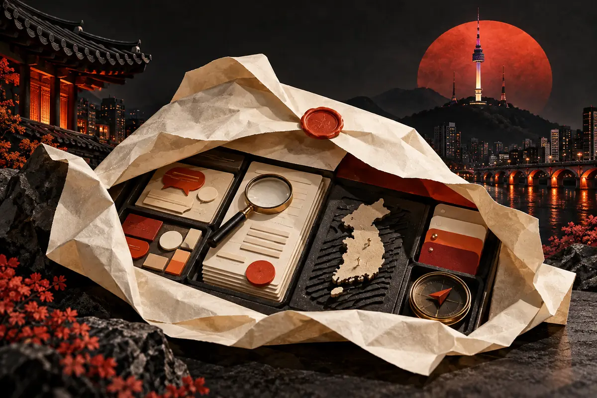 A folded paper proposal reveals research materials and a country outline beside a Seoul tower. Conceptual artwork for choosing an ASO agency in south korea.