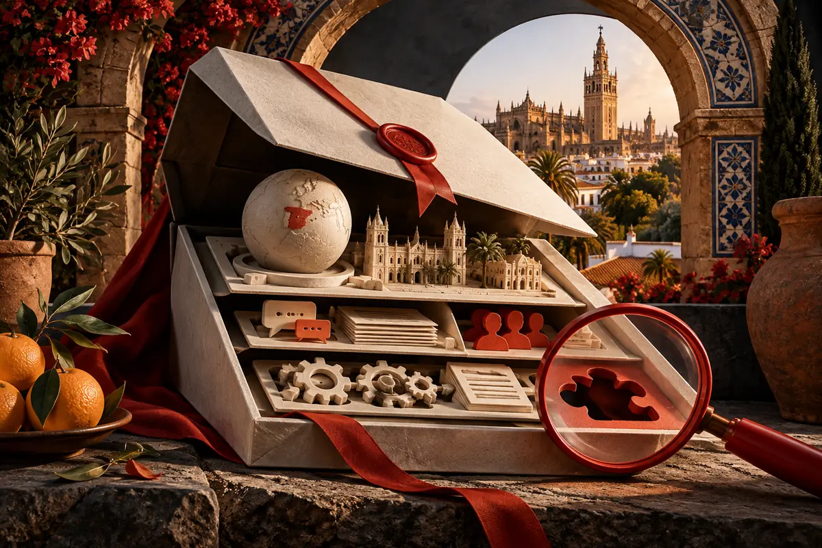 A proposal box and inspection lens reveal a missing piece beneath a tiled Spanish arch. Conceptual artwork for choosing an ASO agency in spain.